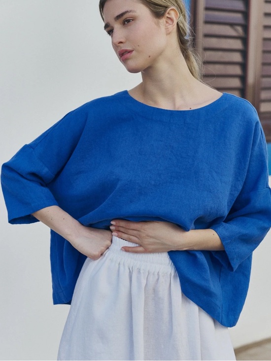 bryn Walker Tops - Bryn Walker Cobalt Royal Relaxed Blue 100% Linen Boatneck Oversized Top USA Made